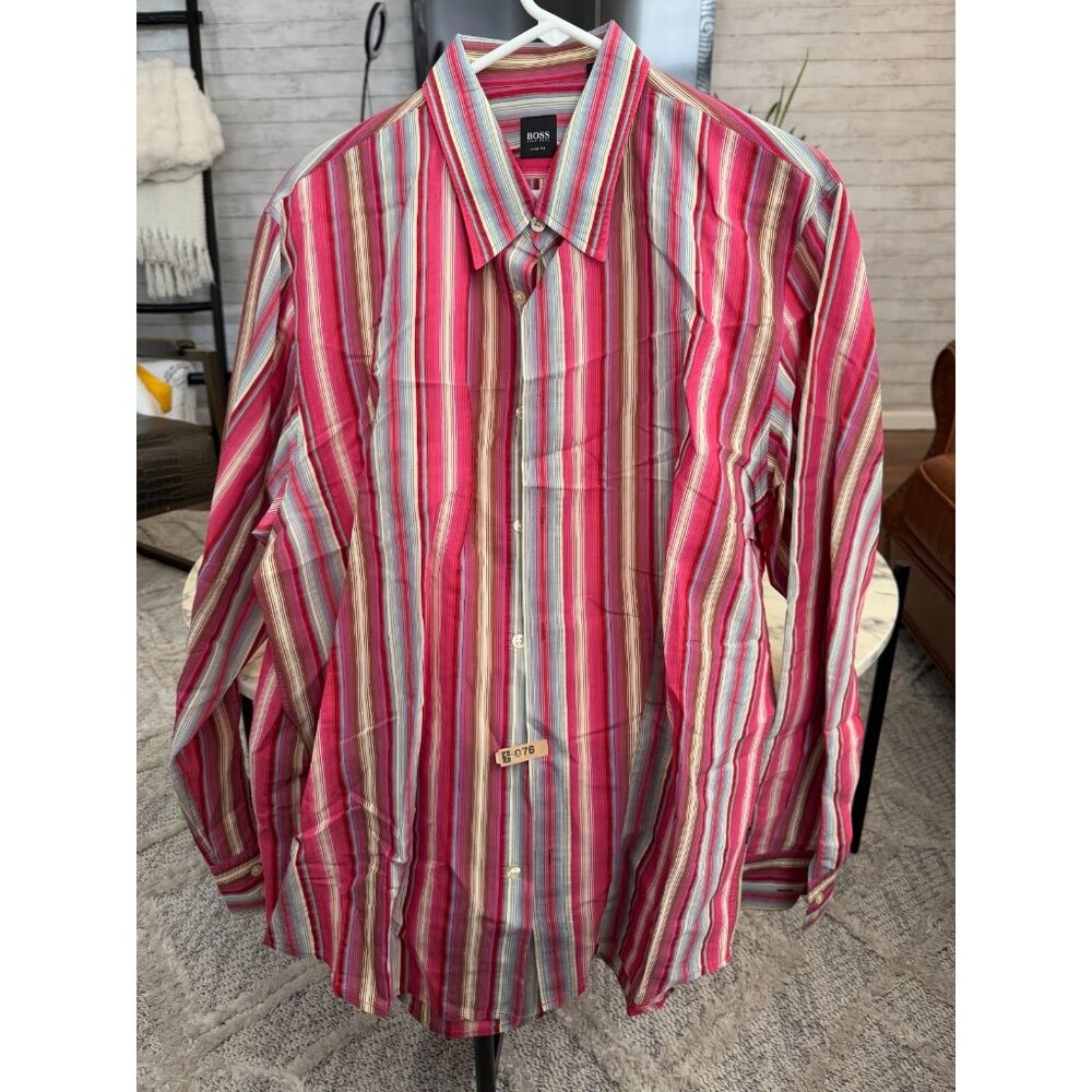 Hugo Boss Pink Striped Long Sleeve Button-Up Dress Shirt Mens Size XXL